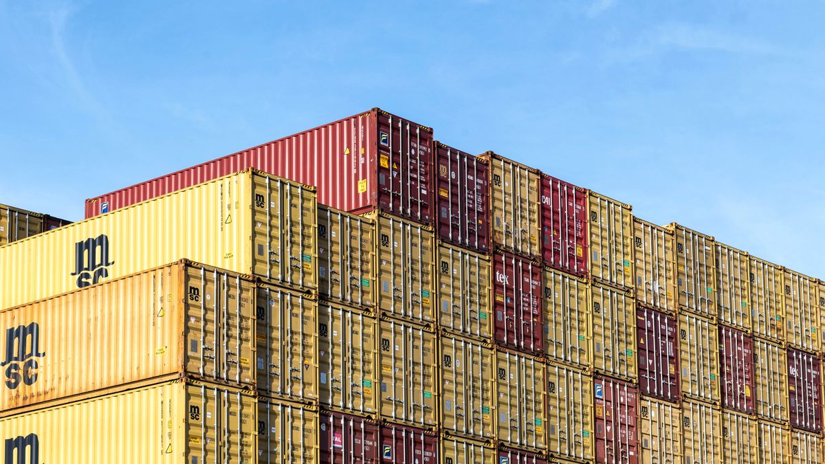 Stacked shipping containers on the China trade lane